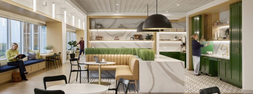 Cafe with bistro tables, banquette seating and green cabinetry in the Invitation Homes office